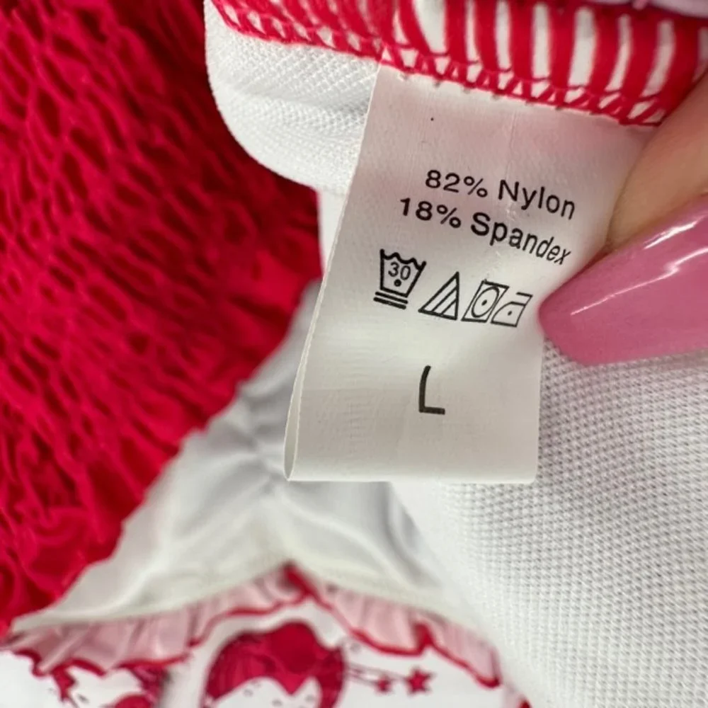 Tankini Swimsuit Dress Sun & Moon Red White Tie Straps Stretchy Removable Pads L